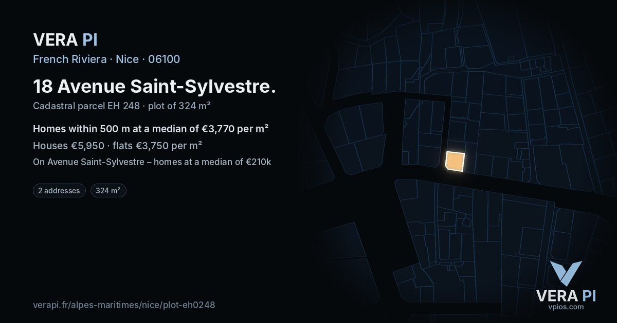 18 Avenue Saint-Sylvestre, Nice at night – the plot lit, the parcels around coloured by the prices near them
