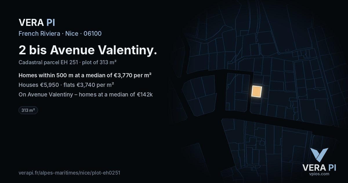 2 bis Avenue Valentiny, Nice at night – the plot lit, the parcels around coloured by the prices near them