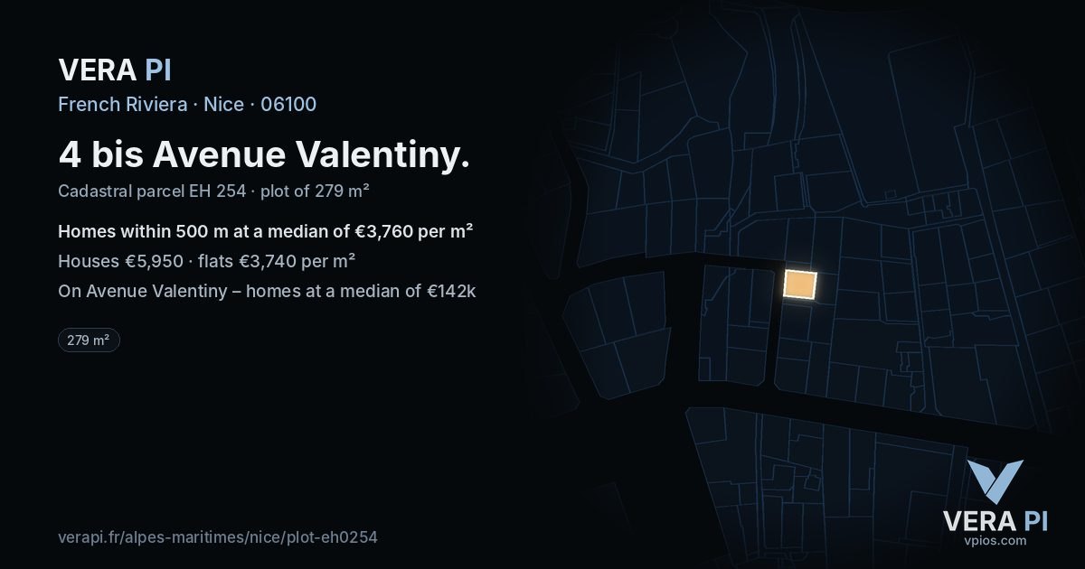 4 bis Avenue Valentiny, Nice at night – the plot lit, the parcels around coloured by the prices near them