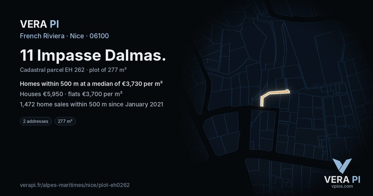 11 Impasse Dalmas, Nice at night – the plot lit, the parcels around coloured by the prices near them