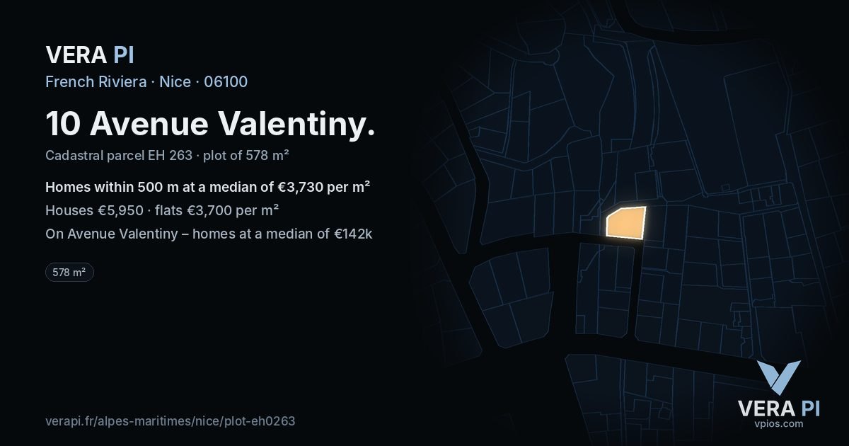 10 Avenue Valentiny, Nice at night – the plot lit, the parcels around coloured by the prices near them