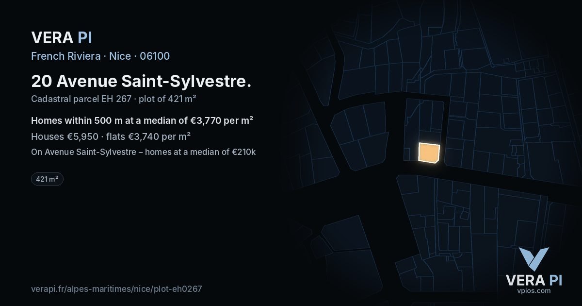20 Avenue Saint-Sylvestre, Nice at night – the plot lit, the parcels around coloured by the prices near them