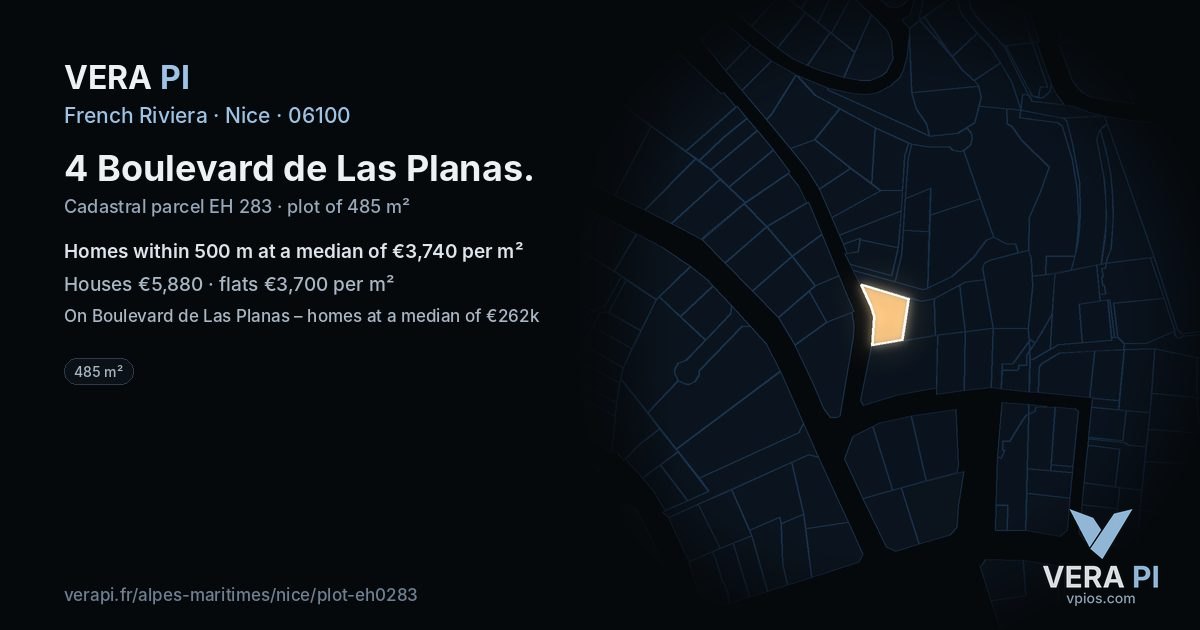 4 Boulevard de Las Planas, Nice at night – the plot lit, the parcels around coloured by the prices near them