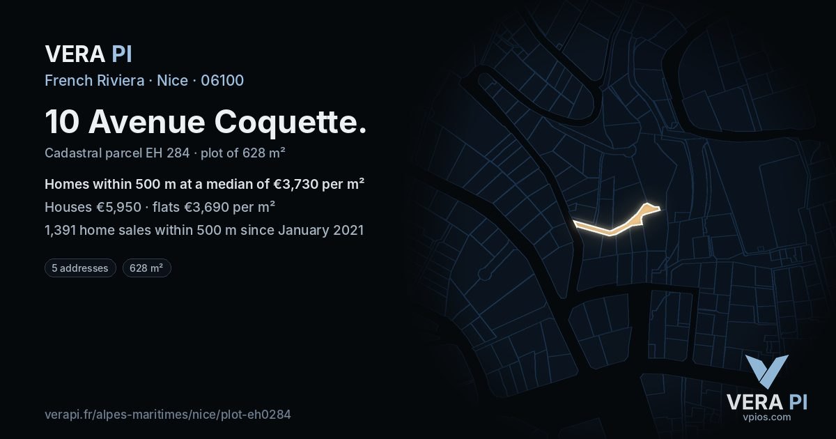 10 Avenue Coquette, Nice at night – the plot lit, the parcels around coloured by the prices near them