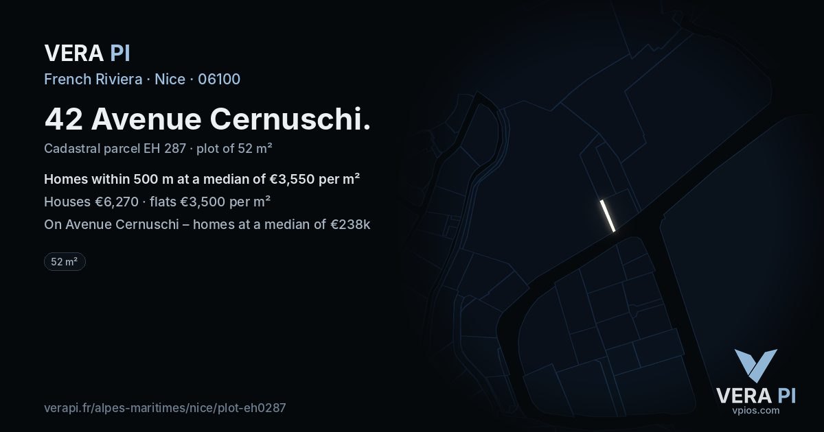 42 Avenue Cernuschi, Nice at night – the plot lit, the parcels around coloured by the prices near them