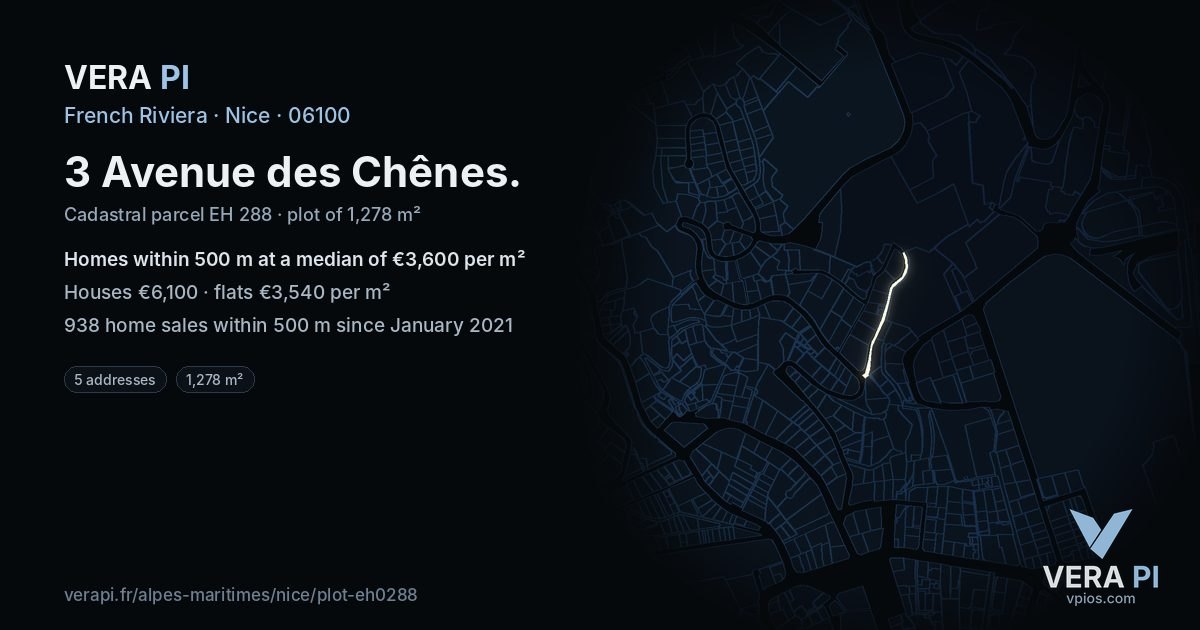 3 Avenue des Chênes, Nice at night – the plot lit, the parcels around coloured by the prices near them