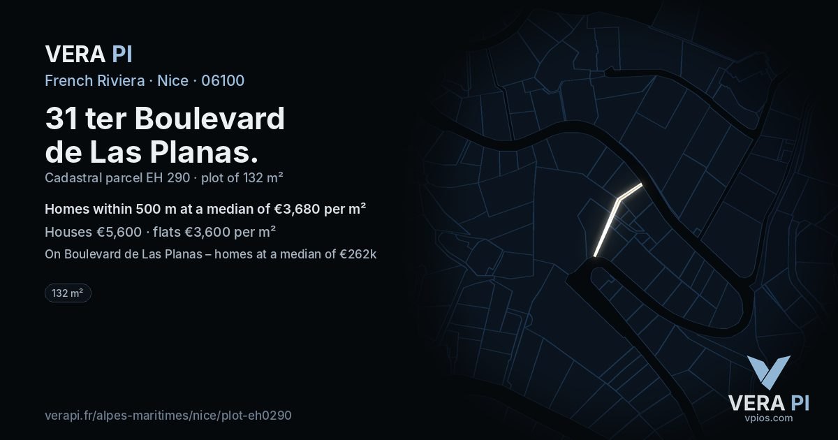 31 ter Boulevard de Las Planas, Nice at night – the plot lit, the parcels around coloured by the prices near them