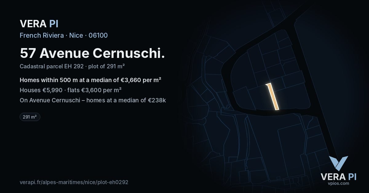 57 Avenue Cernuschi, Nice at night – the plot lit, the parcels around coloured by the prices near them