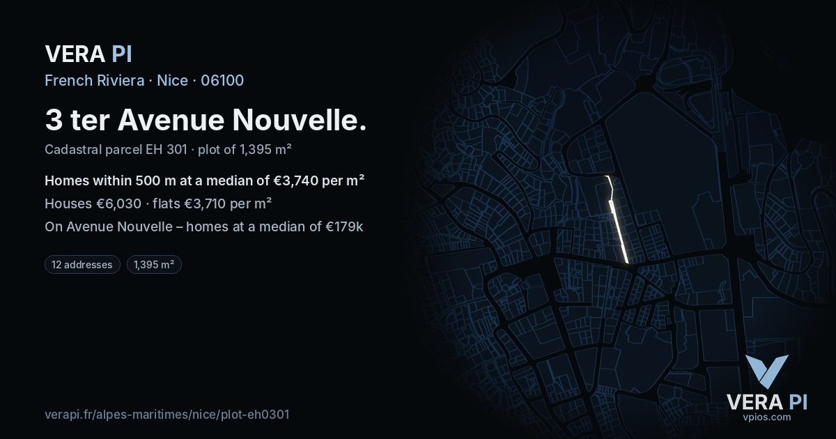 3 ter Avenue Nouvelle, Nice at night – the plot lit, the parcels around coloured by the prices near them