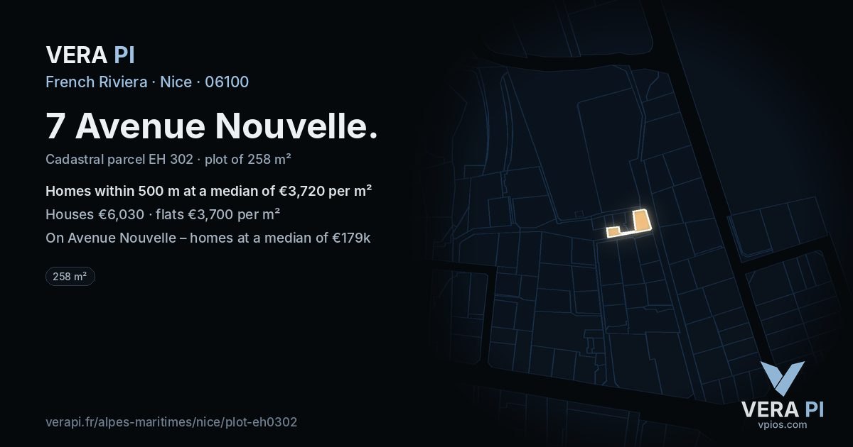 7 Avenue Nouvelle, Nice at night – the plot lit, the parcels around coloured by the prices near them
