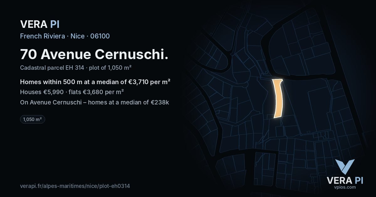 70 Avenue Cernuschi, Nice at night – the plot lit, the parcels around coloured by the prices near them