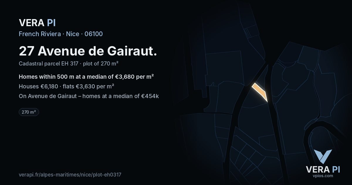 27 Avenue de Gairaut, Nice at night – the plot lit, the parcels around coloured by the prices near them