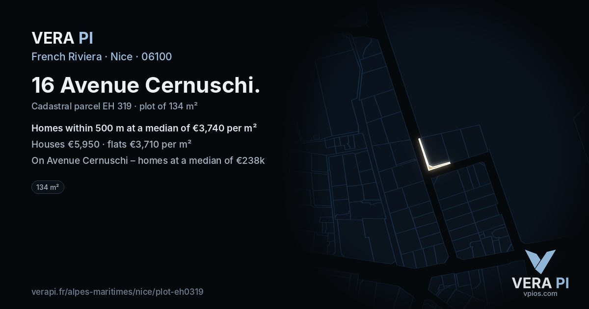 16 Avenue Cernuschi, Nice at night – the plot lit, the parcels around coloured by the prices near them