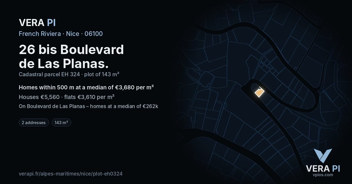 26 bis Boulevard de Las Planas, Nice at night – the plot lit, the parcels around coloured by the prices near them