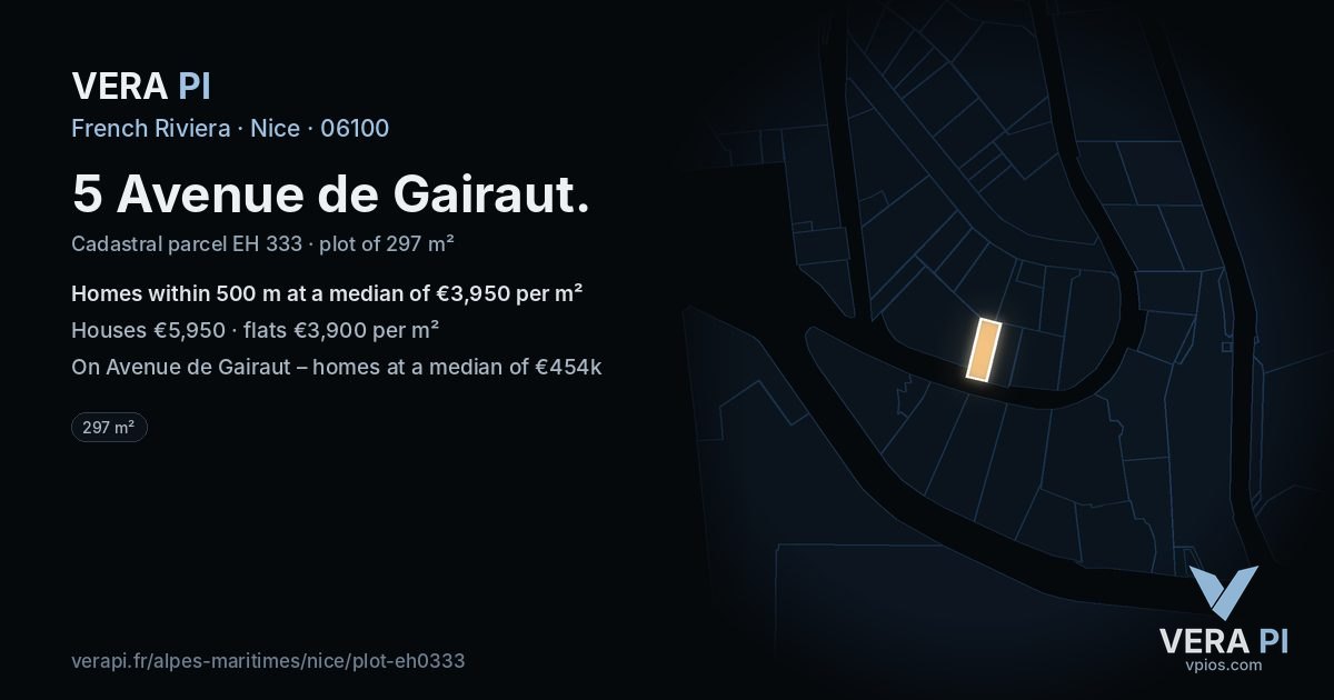5 Avenue de Gairaut, Nice at night – the plot lit, the parcels around coloured by the prices near them