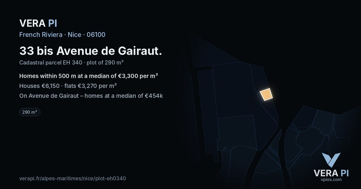 33 bis Avenue de Gairaut, Nice at night – the plot lit, the parcels around coloured by the prices near them
