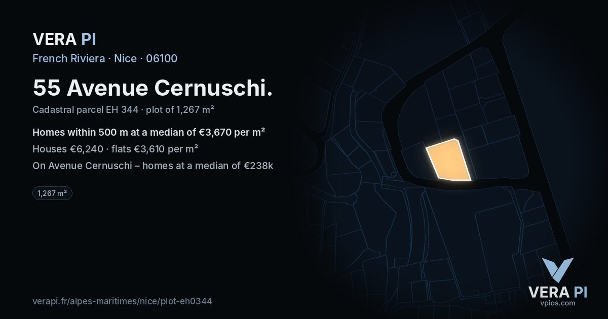 55 Avenue Cernuschi, Nice at night – the plot lit, the parcels around coloured by the prices near them