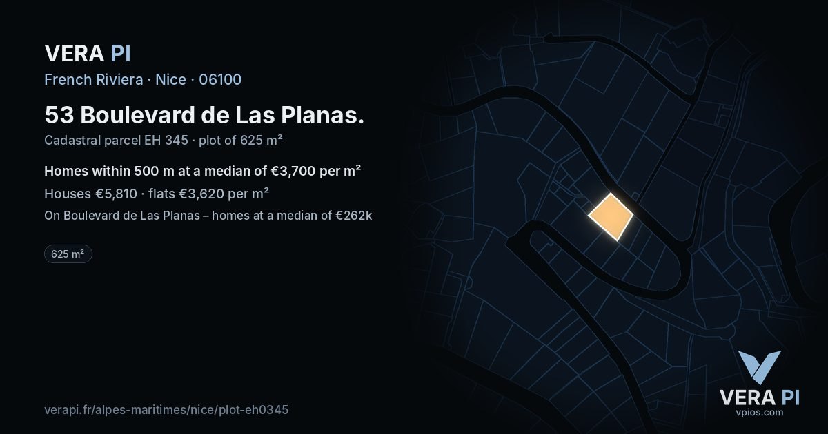 53 Boulevard de Las Planas, Nice at night – the plot lit, the parcels around coloured by the prices near them