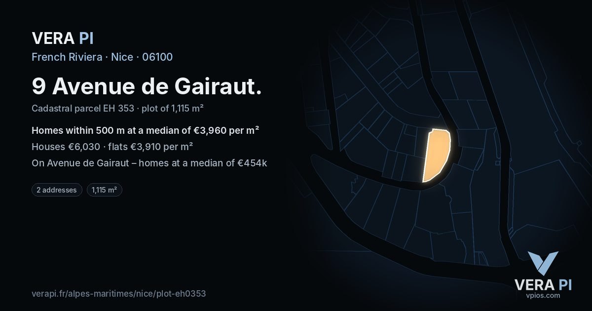 9 Avenue de Gairaut, Nice at night – the plot lit, the parcels around coloured by the prices near them