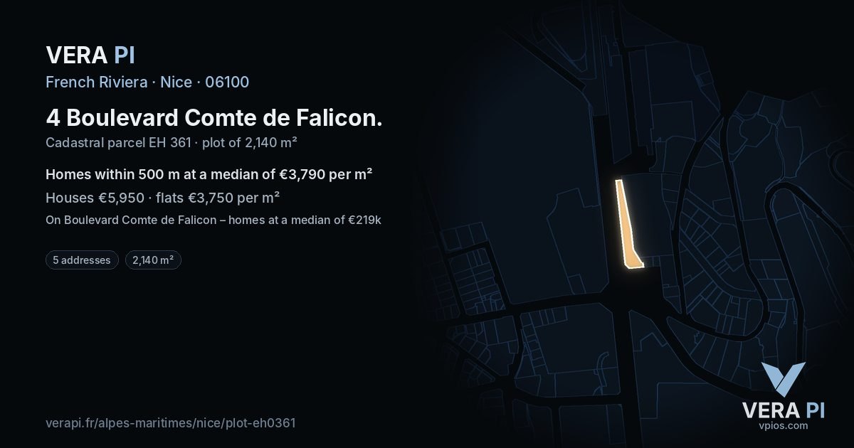 4 Boulevard Comte de Falicon, Nice at night – the plot lit, the parcels around coloured by the prices near them