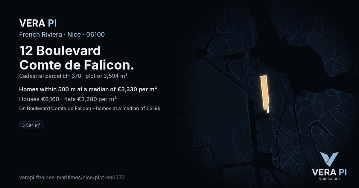12 Boulevard Comte de Falicon, Nice at night – the plot lit, the parcels around coloured by the prices near them