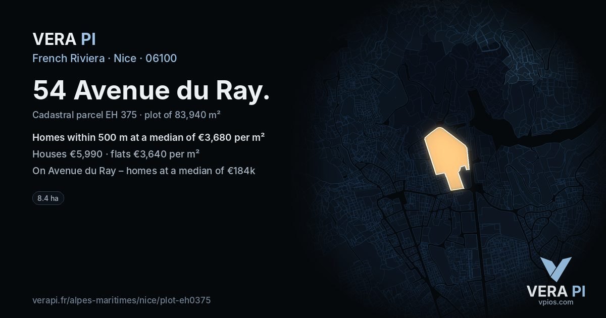 54 Avenue du Ray, Nice at night – the plot lit, the parcels around coloured by the prices near them