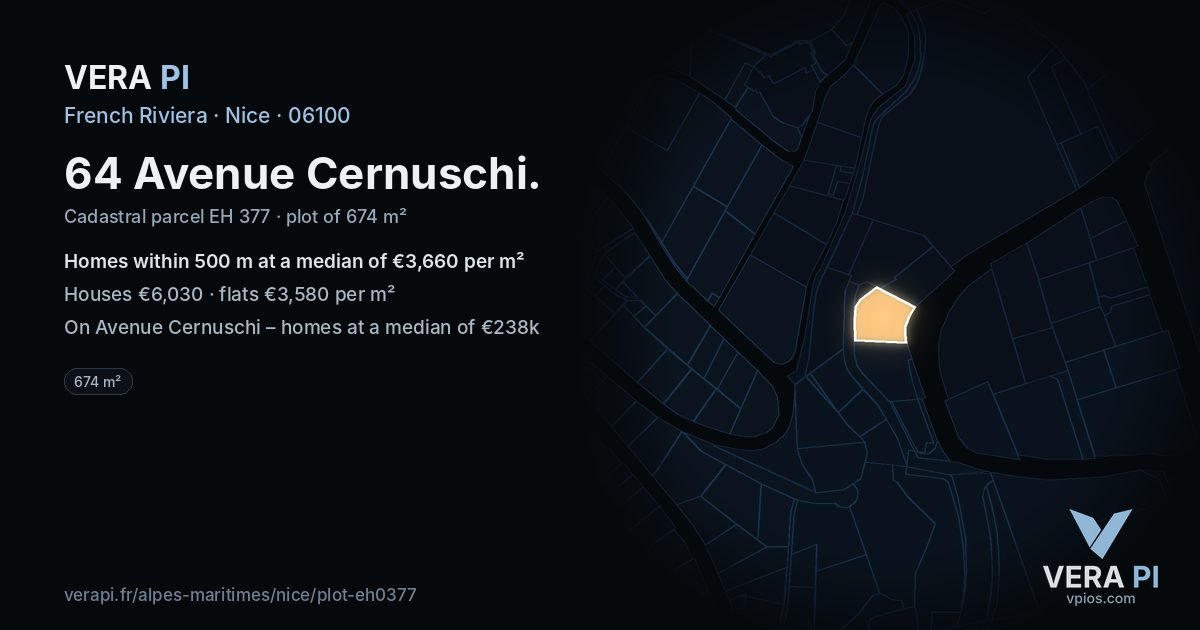 64 Avenue Cernuschi, Nice at night – the plot lit, the parcels around coloured by the prices near them