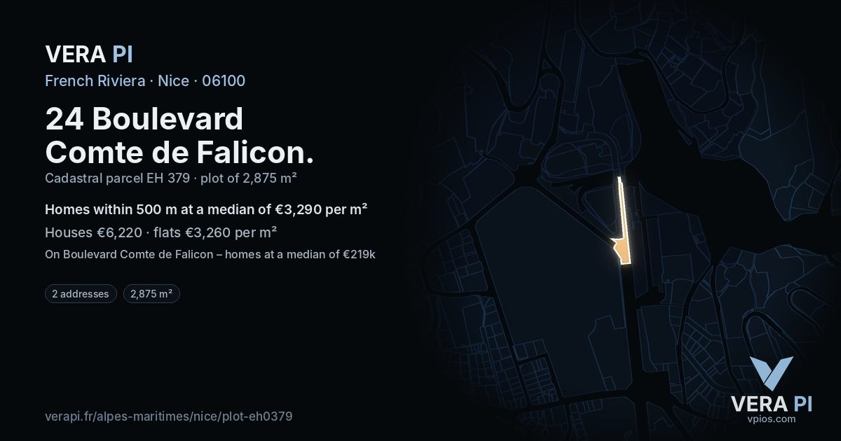 24 Boulevard Comte de Falicon, Nice at night – the plot lit, the parcels around coloured by the prices near them