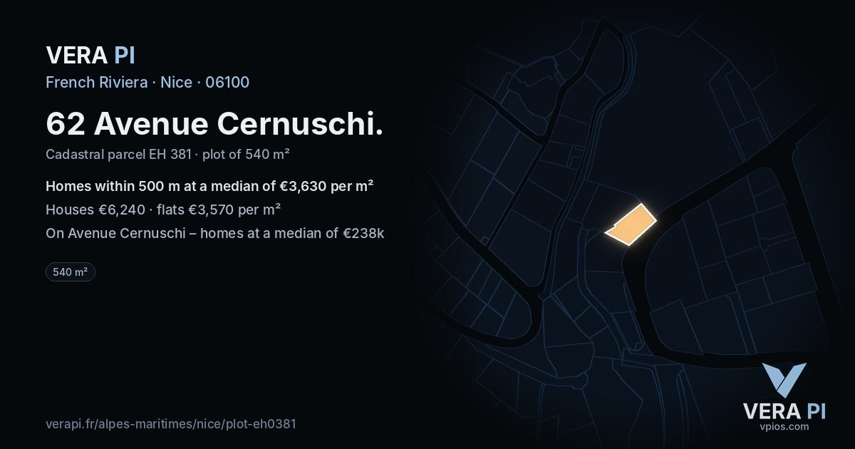 62 Avenue Cernuschi, Nice at night – the plot lit, the parcels around coloured by the prices near them