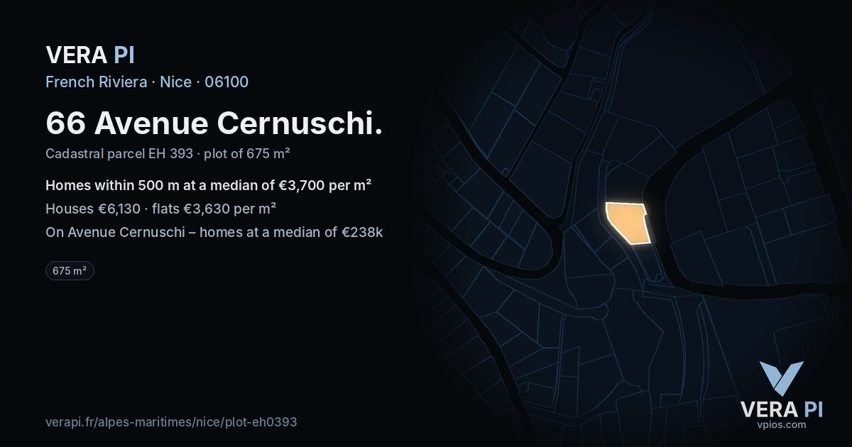 66 Avenue Cernuschi, Nice at night – the plot lit, the parcels around coloured by the prices near them
