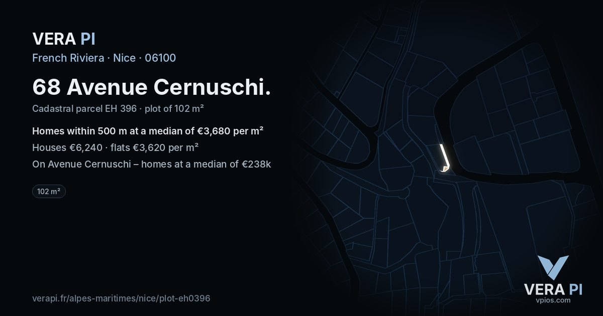 68 Avenue Cernuschi, Nice at night – the plot lit, the parcels around coloured by the prices near them