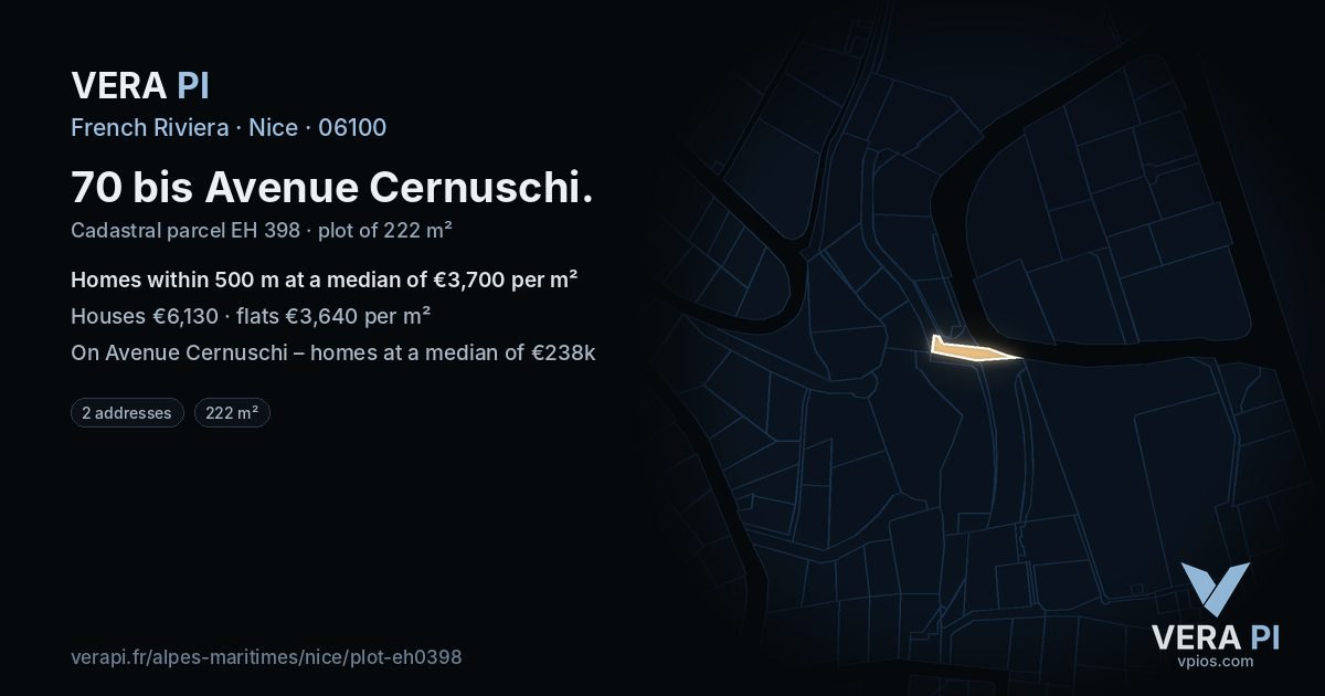 70 bis Avenue Cernuschi, Nice at night – the plot lit, the parcels around coloured by the prices near them