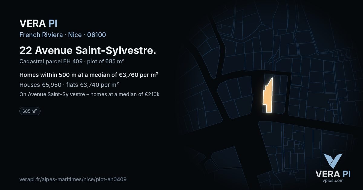 22 Avenue Saint-Sylvestre, Nice at night – the plot lit, the parcels around coloured by the prices near them