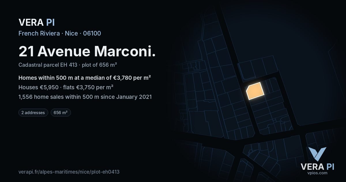 21 Avenue Marconi, Nice at night – the plot lit, the parcels around coloured by the prices near them