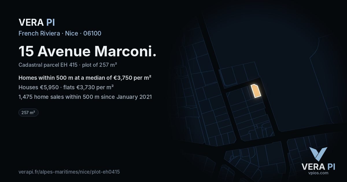 15 Avenue Marconi, Nice at night – the plot lit, the parcels around coloured by the prices near them