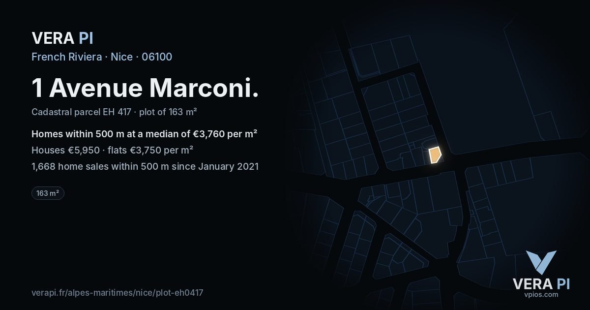 1 Avenue Marconi, Nice at night – the plot lit, the parcels around coloured by the prices near them
