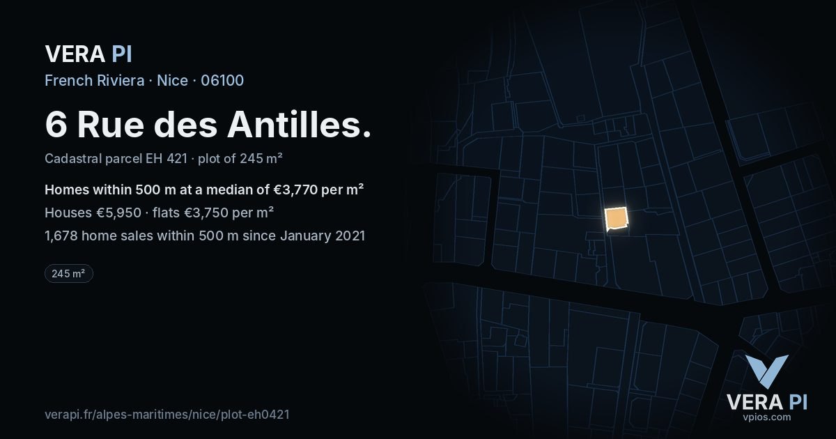 6 Rue des Antilles, Nice at night – the plot lit, the parcels around coloured by the prices near them