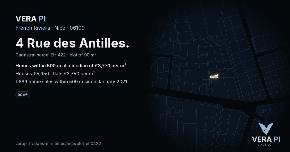 4 Rue des Antilles, Nice at night – the plot lit, the parcels around coloured by the prices near them