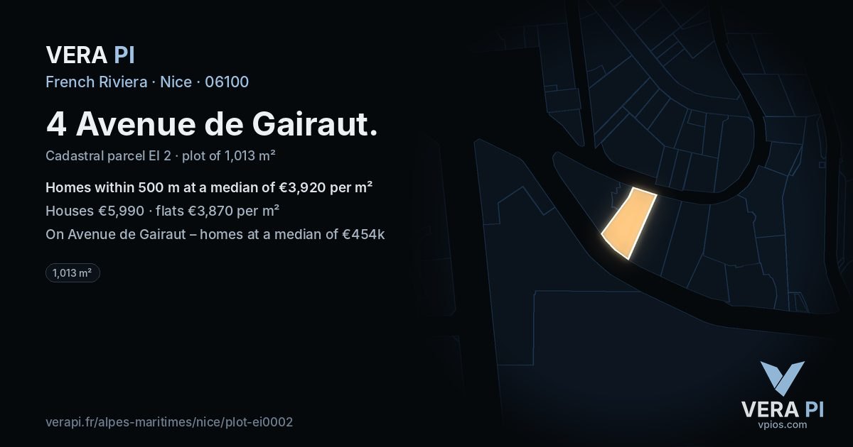 4 Avenue de Gairaut, Nice at night – the plot lit, the parcels around coloured by the prices near them