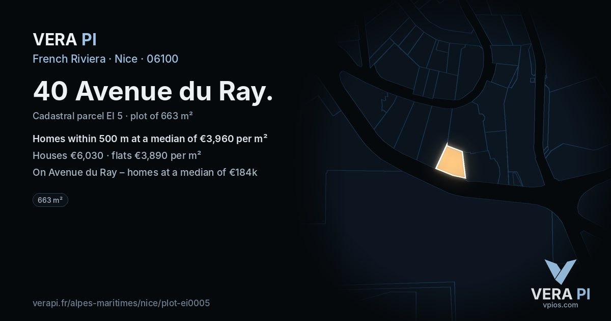 40 Avenue du Ray, Nice at night – the plot lit, the parcels around coloured by the prices near them