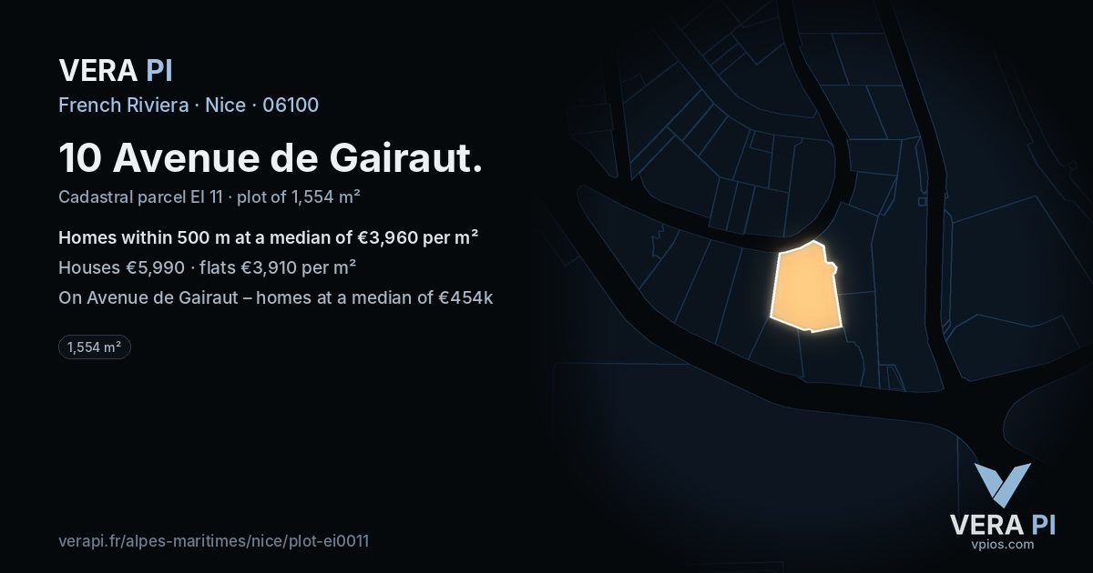 10 Avenue de Gairaut, Nice at night – the plot lit, the parcels around coloured by the prices near them