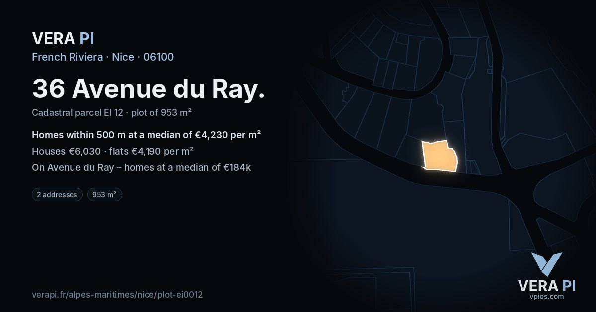 36 Avenue du Ray, Nice at night – the plot lit, the parcels around coloured by the prices near them