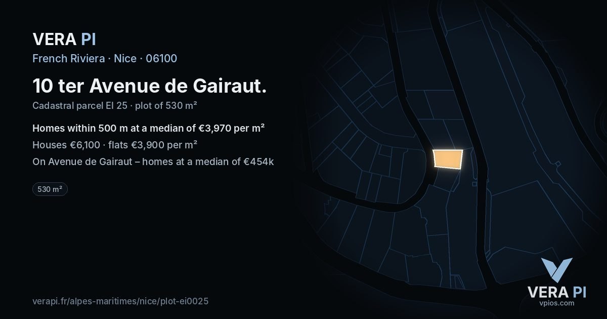 10 ter Avenue de Gairaut, Nice at night – the plot lit, the parcels around coloured by the prices near them