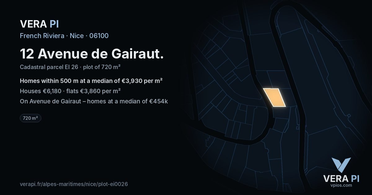 12 Avenue de Gairaut, Nice at night – the plot lit, the parcels around coloured by the prices near them