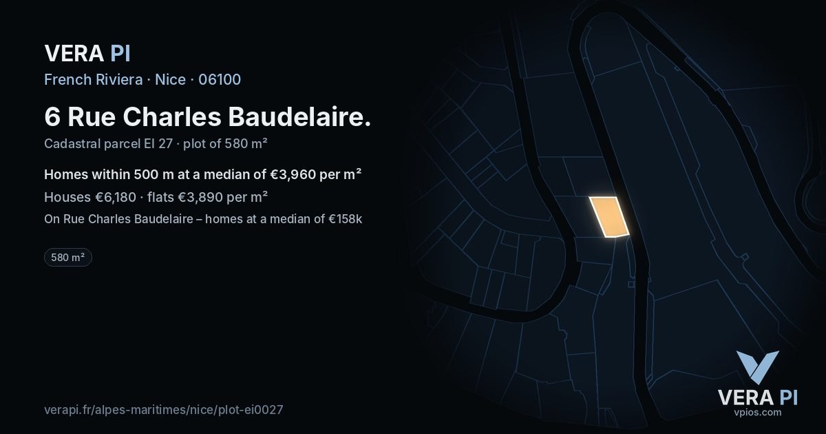 6 Rue Charles Baudelaire, Nice at night – the plot lit, the parcels around coloured by the prices near them