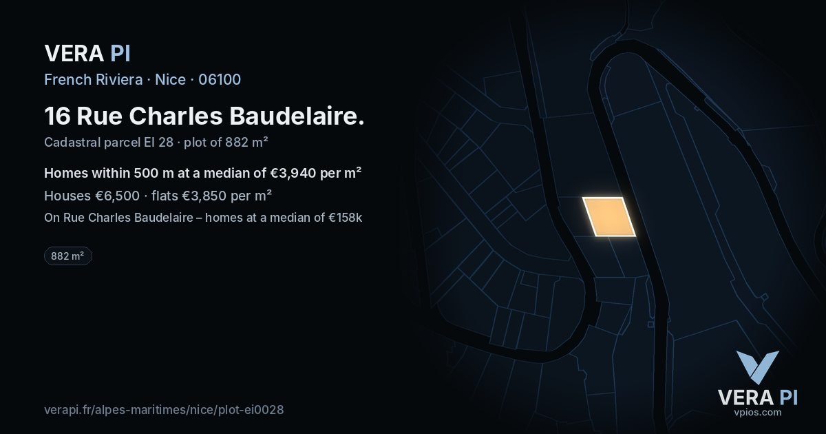 16 Rue Charles Baudelaire, Nice at night – the plot lit, the parcels around coloured by the prices near them