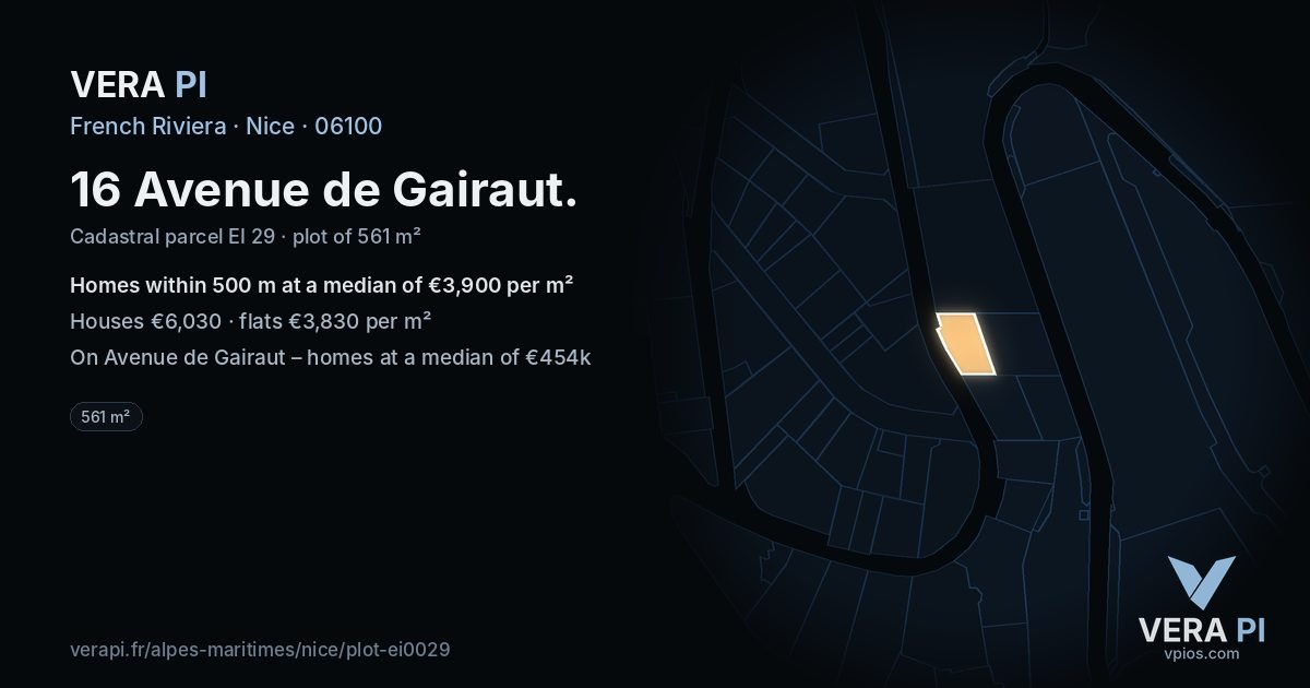 16 Avenue de Gairaut, Nice at night – the plot lit, the parcels around coloured by the prices near them