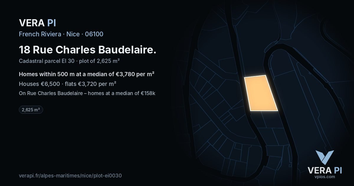 18 Rue Charles Baudelaire, Nice at night – the plot lit, the parcels around coloured by the prices near them