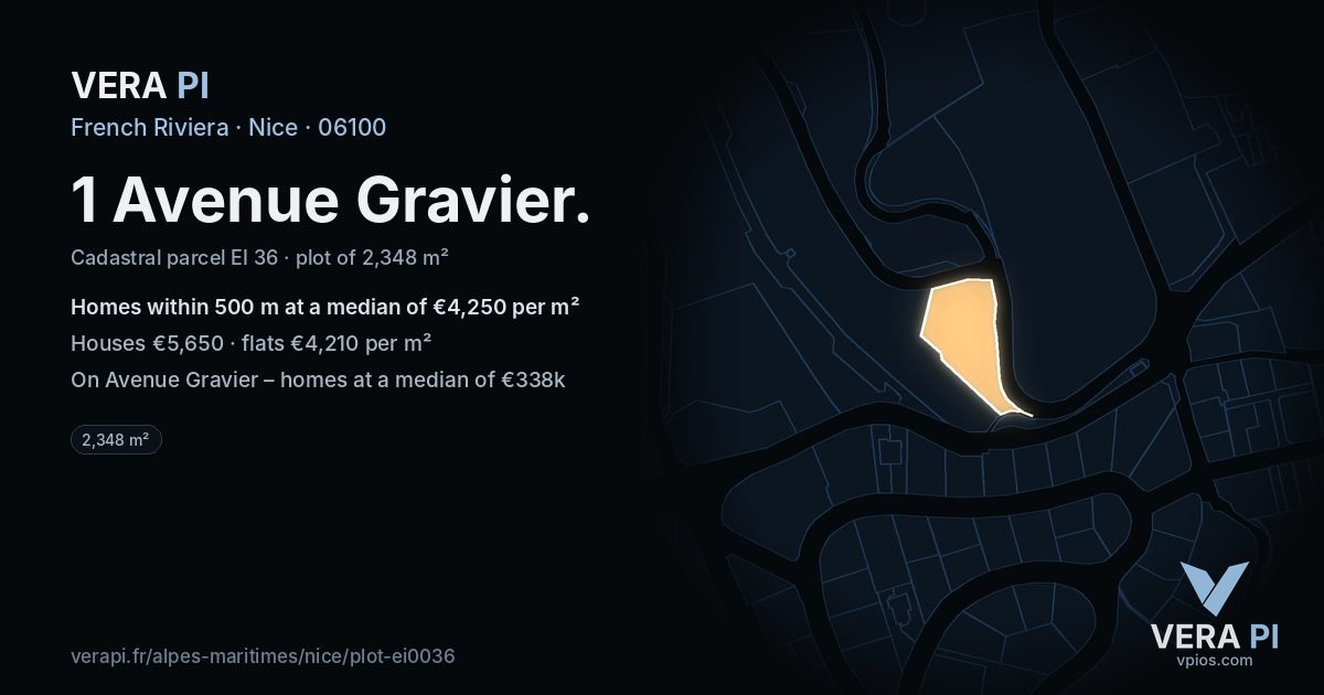1 Avenue Gravier, Nice at night – the plot lit, the parcels around coloured by the prices near them