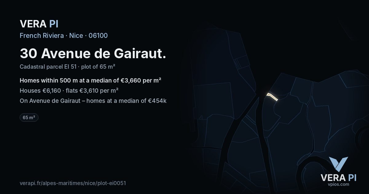 30 Avenue de Gairaut, Nice at night – the plot lit, the parcels around coloured by the prices near them